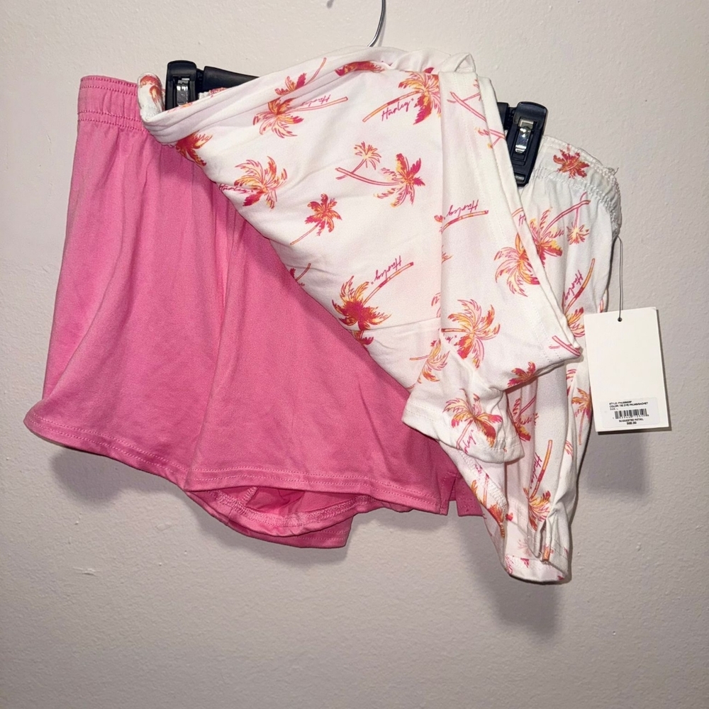 NWT Hurley Women's White and Pink Palm. Set Of Two Shorts SIZE L